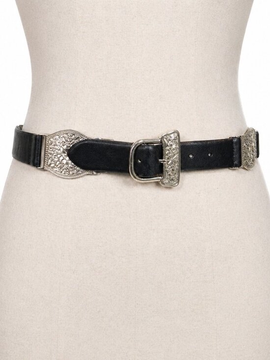 Vintage Black Leather Silver Filigree Concho Belt Y2K Western Boho womens medium